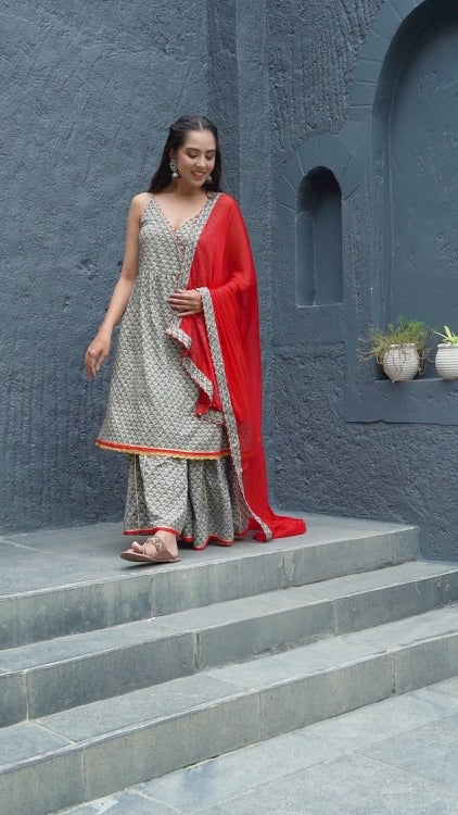 Hand Block Bagru Booti Print Sharara Set With Georgette Dupatta